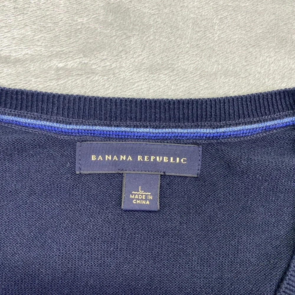 Banana Republic Mens‎ Silk Cotton Cashmere Argyle V-Neck Sweater Navy Blue Large